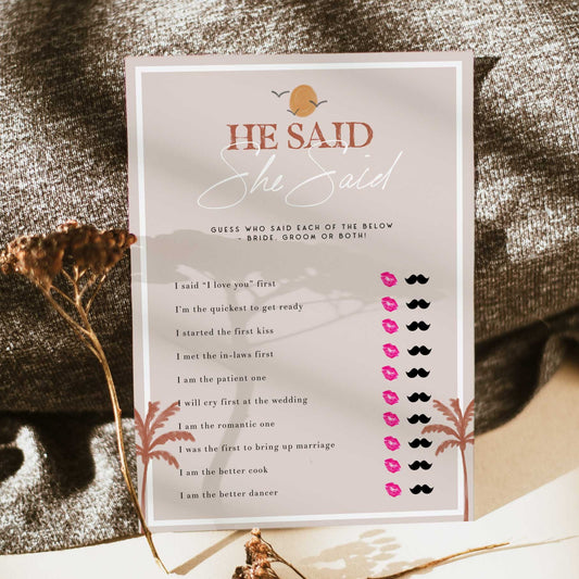 Fully editable and printable bridal shower he said she said bridal game with a Palm Springs design. Perfect for a Palm Springs bridal shower themed party