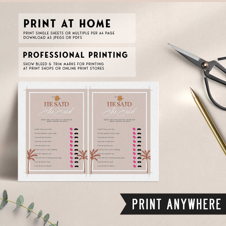 Fully editable and printable bridal shower he said she said bridal game with a Palm Springs design. Perfect for a Palm Springs bridal shower themed party