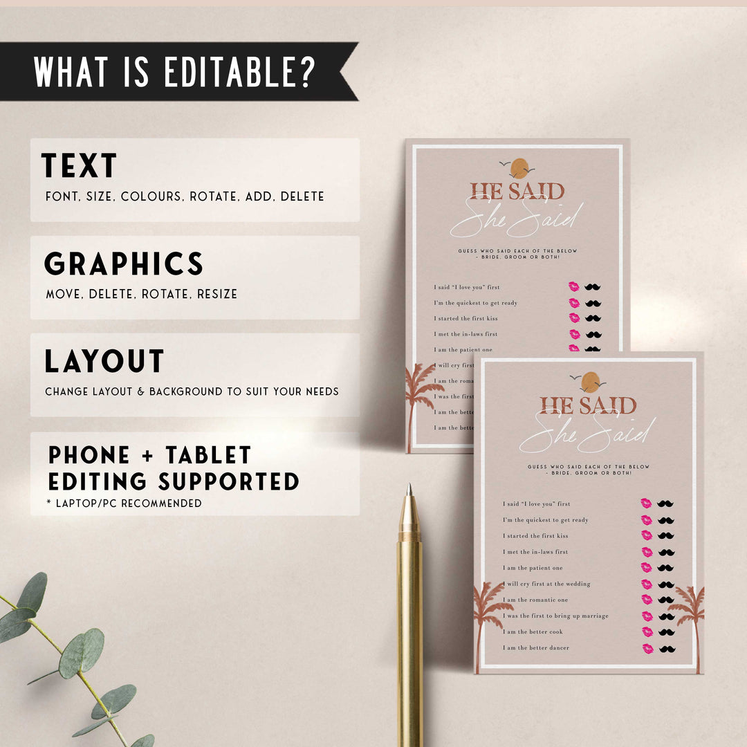 Fully editable and printable bridal shower he said she said bridal game with a Palm Springs design. Perfect for a Palm Springs bridal shower themed party