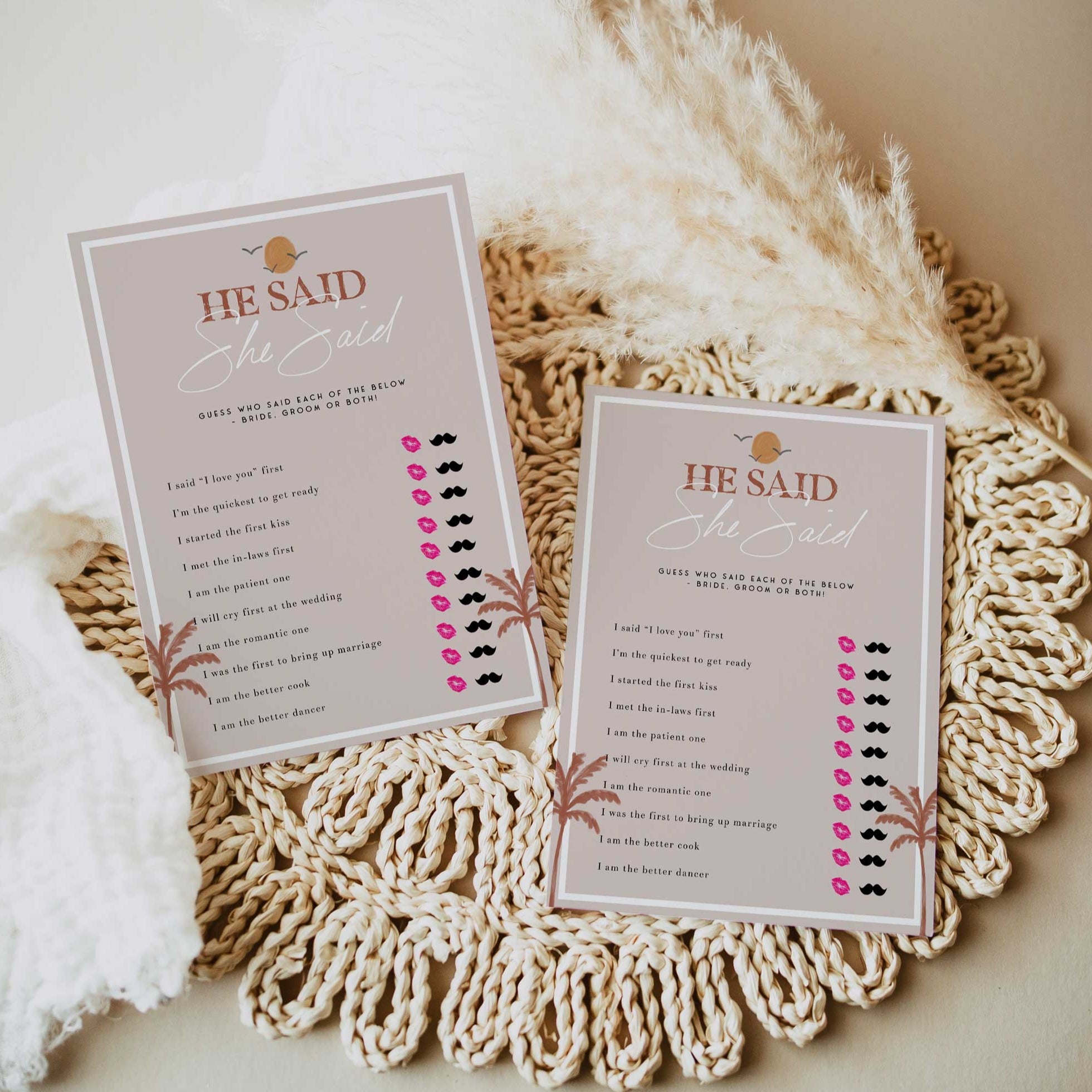 Fully editable and printable bridal shower he said she said bridal game with a Palm Springs design. Perfect for a Palm Springs bridal shower themed party