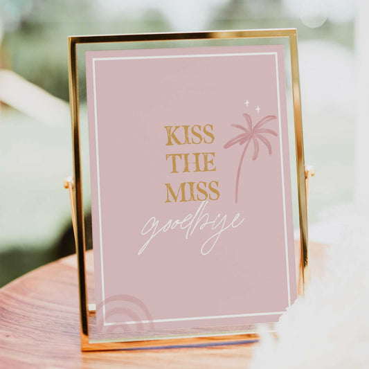 Fully editable and printable bridal shower kiss the miss goodbye game with a Palm Springs design. Perfect for a Palm Springs bridal shower themed party