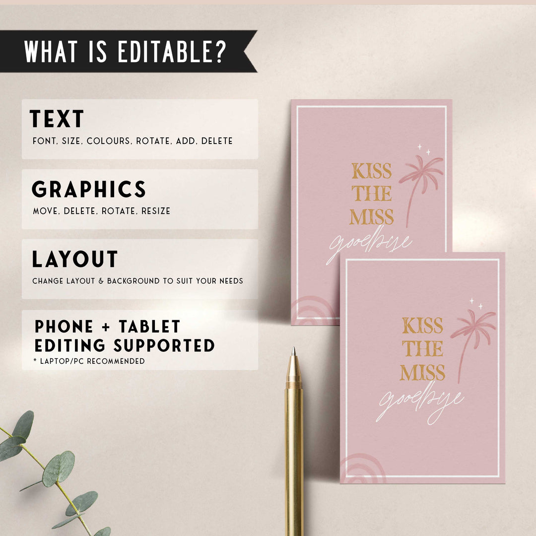 Fully editable and printable bridal shower kiss the miss goodbye game with a Palm Springs design. Perfect for a Palm Springs bridal shower themed party