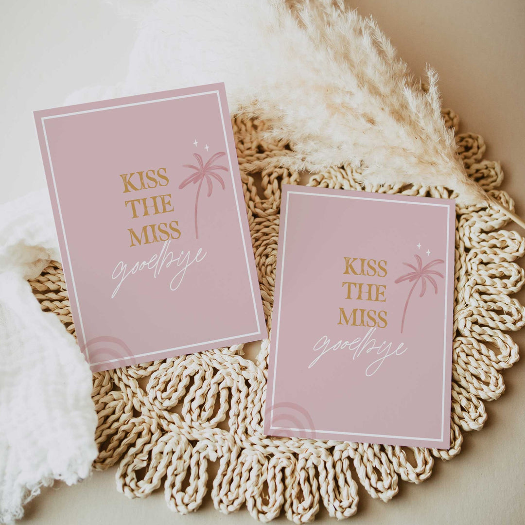 Fully editable and printable bridal shower kiss the miss goodbye game with a Palm Springs design. Perfect for a Palm Springs bridal shower themed party