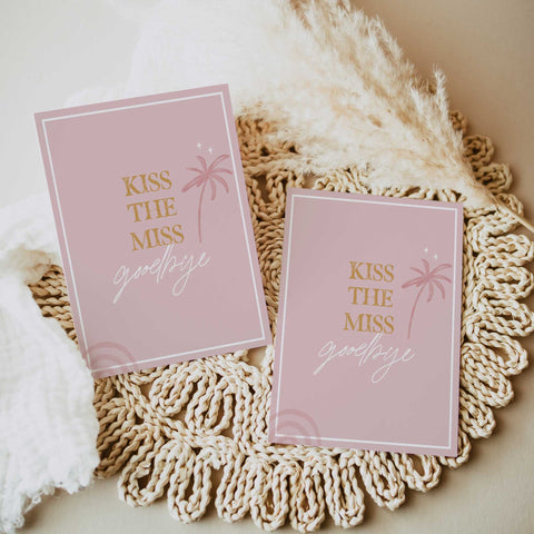 Fully editable and printable bridal shower kiss the miss goodbye game with a Palm Springs design. Perfect for a Palm Springs bridal shower themed party