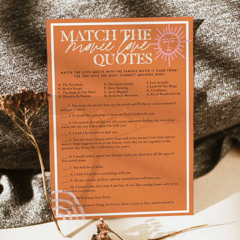 Fully editable and printable bridal shower match the movie love quotes game with a Palm Springs design. Perfect for a Palm Springs bridal shower themed party