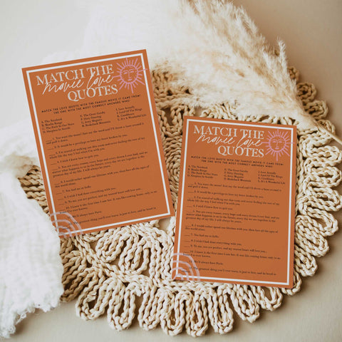 Fully editable and printable bridal shower match the movie love quotes game with a Palm Springs design. Perfect for a Palm Springs bridal shower themed party