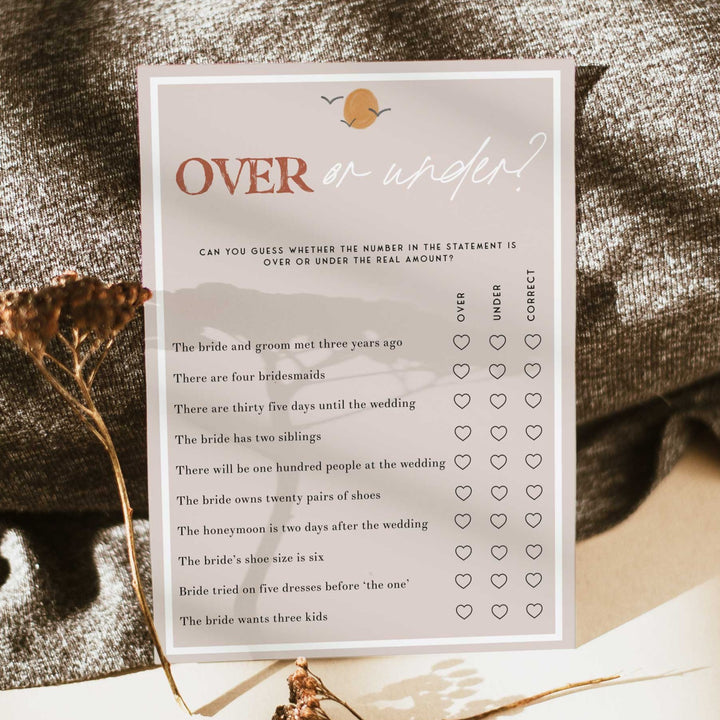 Fully editable and printable bridal shower over or under game with a Palm Springs design. Perfect for a Palm Springs bridal shower themed party