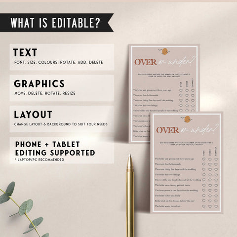 Fully editable and printable bridal shower over or under game with a Palm Springs design. Perfect for a Palm Springs bridal shower themed party