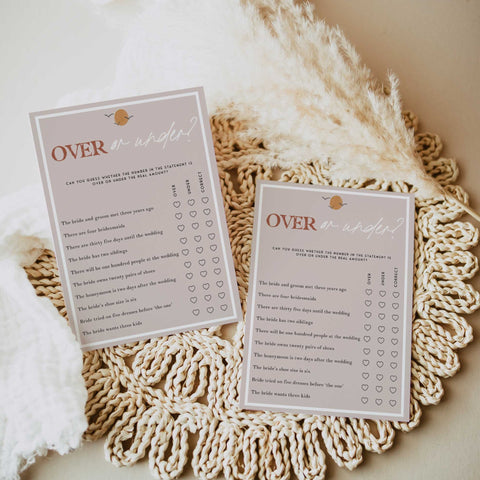 Fully editable and printable bridal shower over or under game with a Palm Springs design. Perfect for a Palm Springs bridal shower themed party