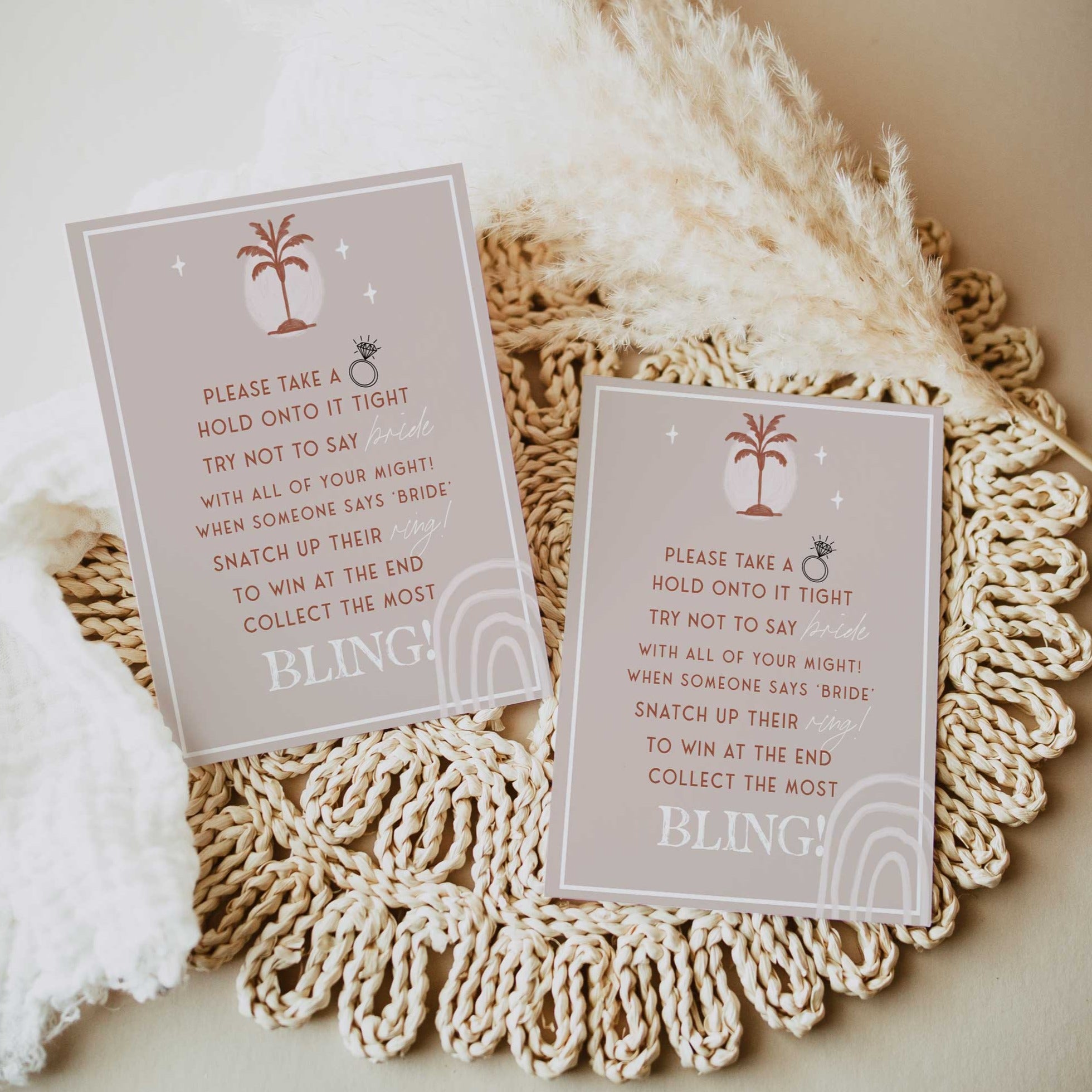 Fully editable and printable bridal shower please take a ring game with a Palm Springs design. Perfect for a Palm Springs bridal shower themed party