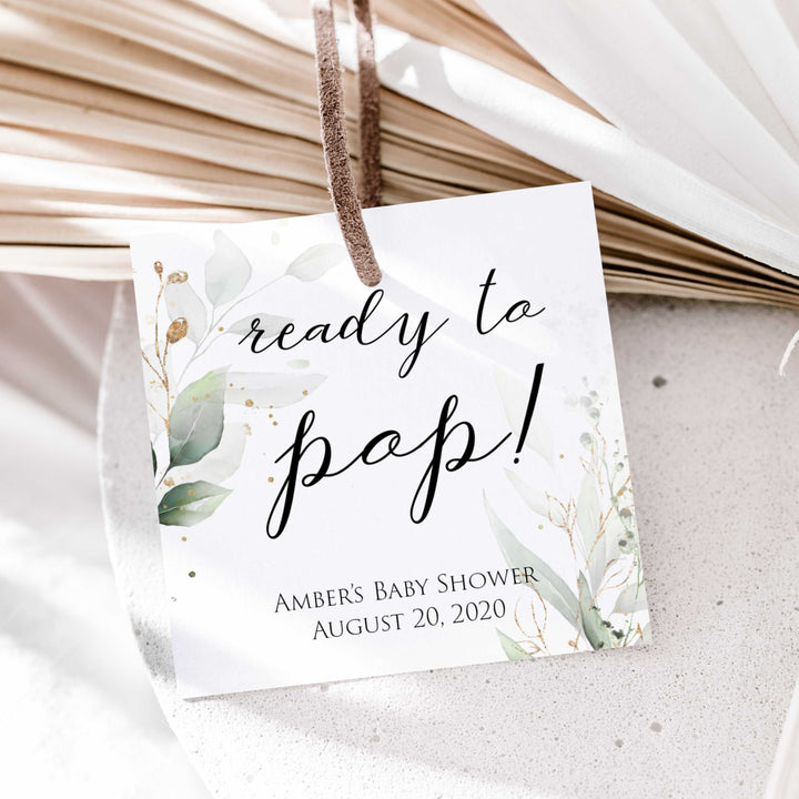 Gold green leaf baby games, ready to pop tag, pop tags, printable baby games, fun baby games, top baby games to play, gold leaf baby shower, greenery baby shower ideas