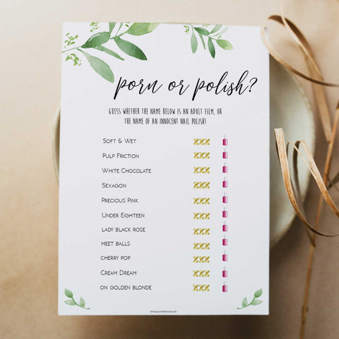 porn or polish game, greenery bridal shower, fun bridal shower games, bachelorette party games, floral bridal games, hen party ideas