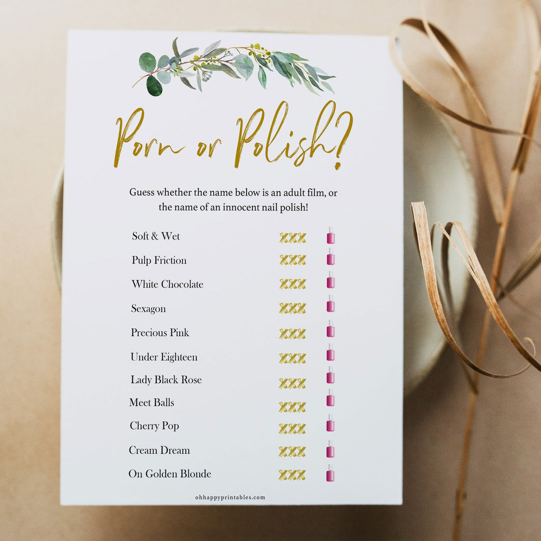 Porn or Polish game, Bridal shower games, printable bridal shower games, eucalyptus greenery bridal games