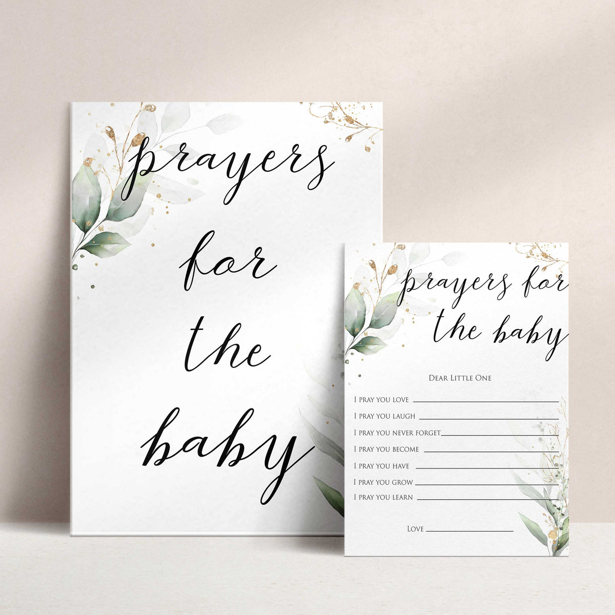 Gold green leaf baby games, prayers for the baby, printable baby games, fun baby games, top baby games to play, gold leaf baby shower, greenery baby shower ideas