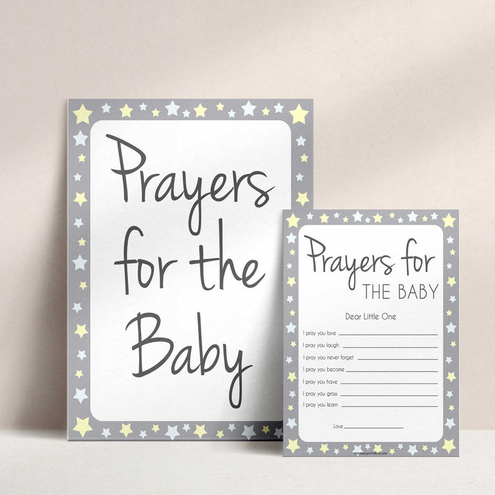 Grey Yellow Stars Prayers For The Baby, Baby Prayers, Prayers for The Baby, Baby Shower, Baby Shower Baby Prayers, Baby Prayers Cards, fun baby shower games, popular baby shower games