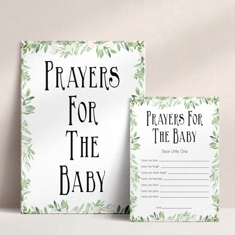 Greenery Prayers For The Baby, Baby Prayers, Prayers for The Baby, Green Baby Shower, Baby Shower Baby Prayers, Baby Prayers Cards, printable baby games, fun baby games, popular baby games
