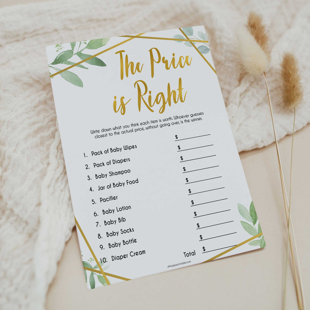 gold geometric the price is right baby shower games, printable baby shower games, fun baby games, popular baby games, gold baby games