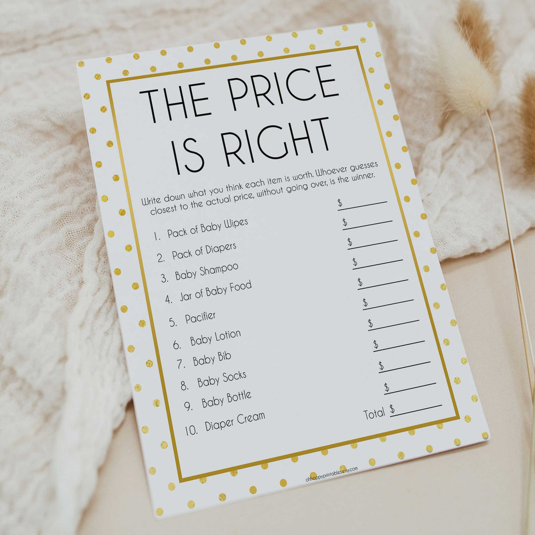 baby price is right game, price is right baby shower, Printable baby shower games, baby gold dots fun baby games, baby shower games, fun baby shower ideas, top baby shower ideas, gold glitter shower baby shower, friends baby shower ideas