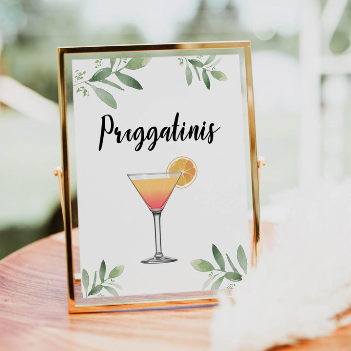 preggatinis baby shower signs, printable baby shower signs, botanical baby shower decor, floral baby table signs