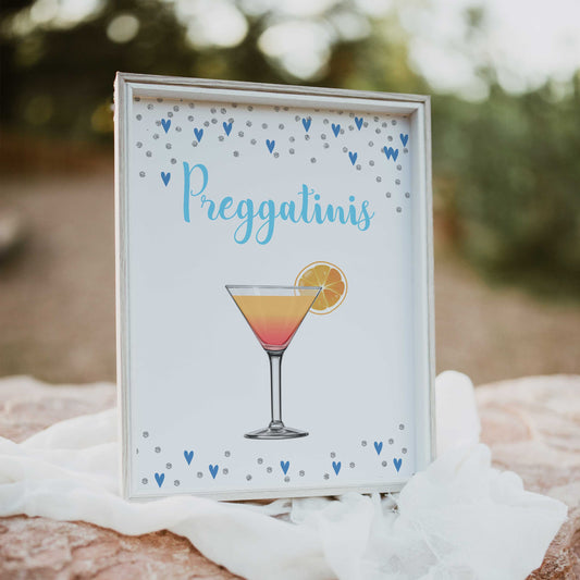 preggatini baby table signs, preggatini baby sign, Blue hearts baby decor, printable baby table signs, printable baby decor, silver glitter table signs, fun baby signs, blue hearts fun baby table signs