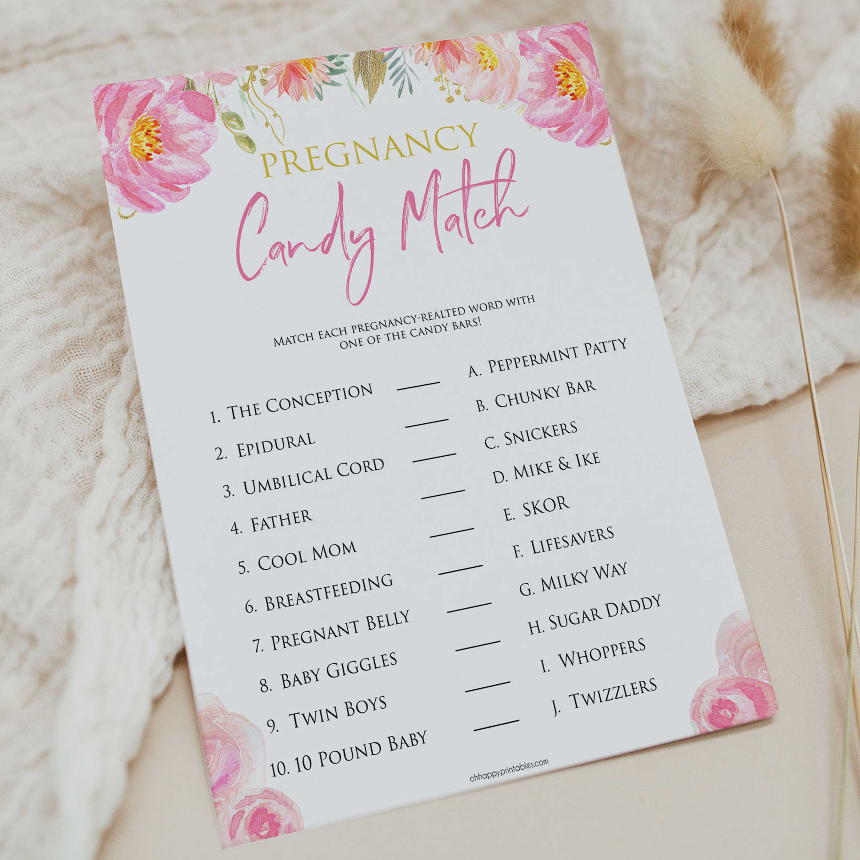 Pink blush floral pregnancy candy match game, printable baby games, baby shower games, blush baby shower, floral baby games, girl baby shower ideas, pink baby shower ideas, floral baby games, popular baby games, fun baby games