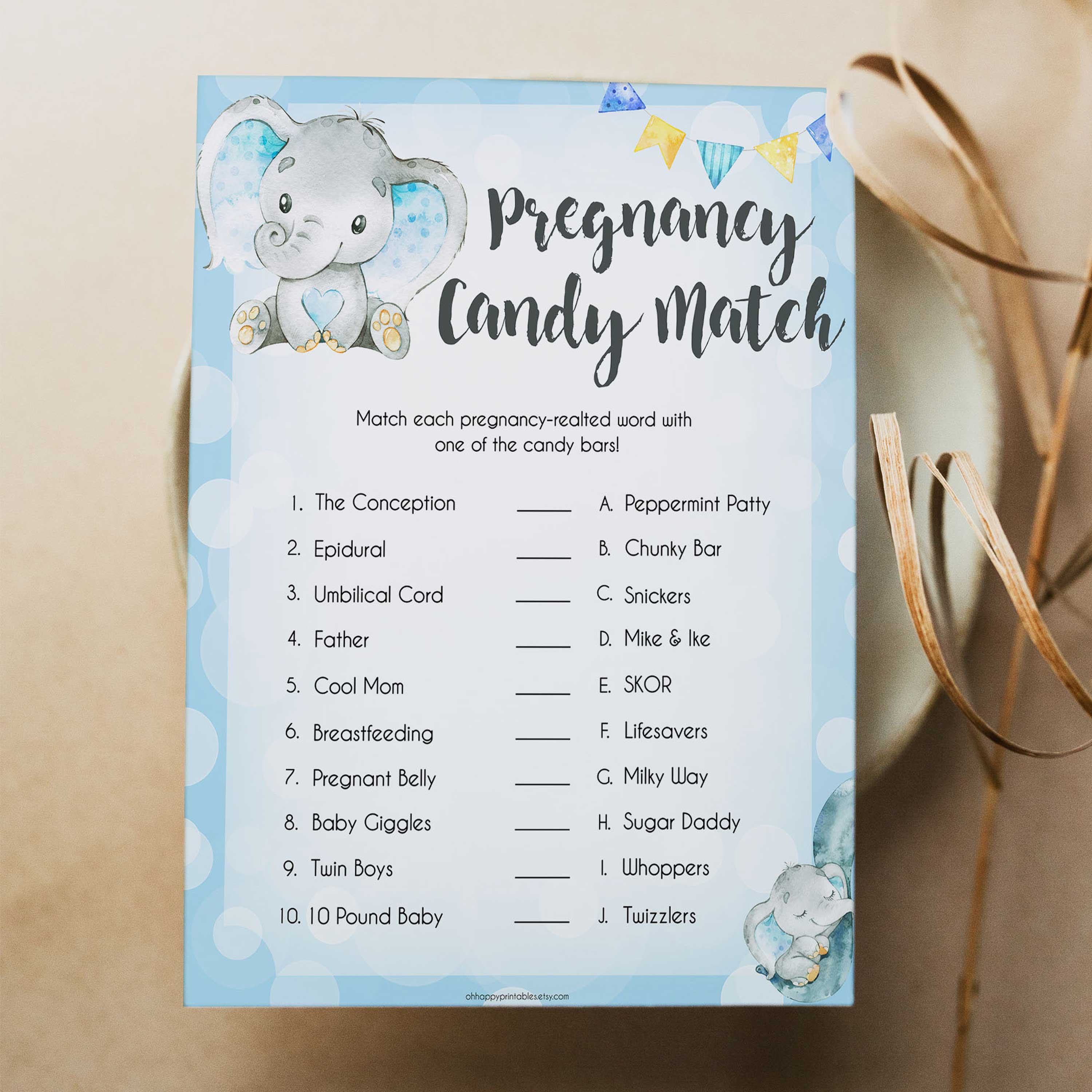 Blue elephant baby games, pregnancy candy match, elephant baby games, printable baby games, top baby games, best baby shower games, baby shower ideas, fun baby games, elephant baby shower