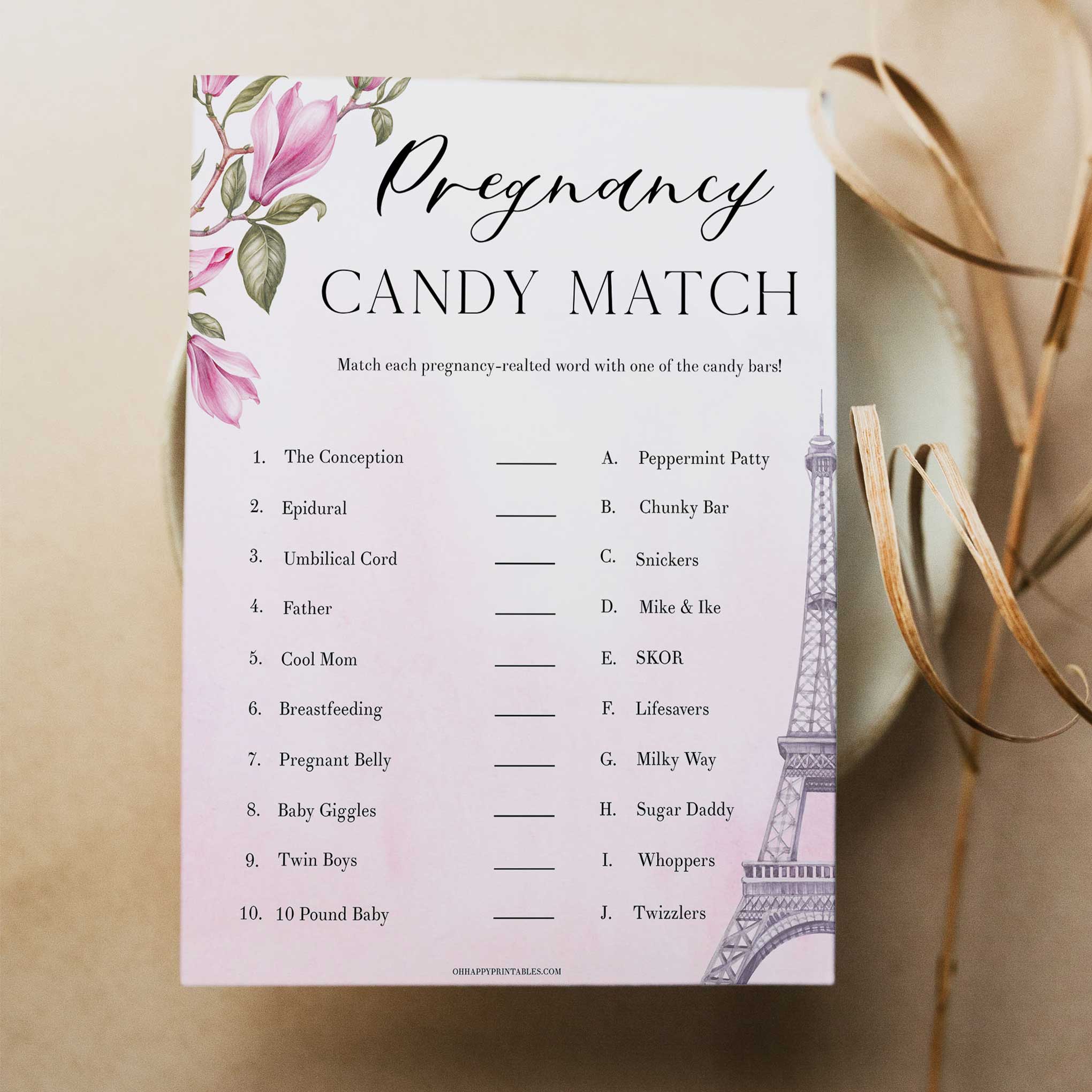 pregnancy candy match game,  Paris baby shower games, printable baby shower games, Parisian baby shower games, fun baby shower games