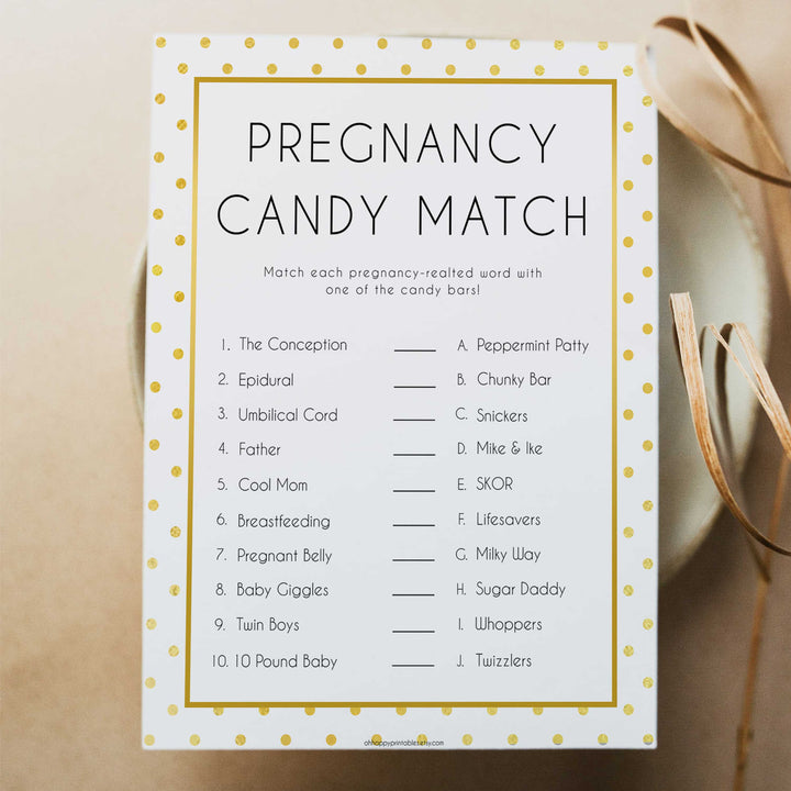 pregnancy candy match game,  Printable baby shower games, baby gold dots fun baby games, baby shower games, fun baby shower ideas, top baby shower ideas, gold glitter shower baby shower, friends baby shower ideas