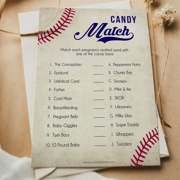 Baseball Pregnancy Candy Match Game, Baseball Baby Shower Games, Candy Match Baby Shower Game, Fun Baby Shower Games, Candy Match, printable baby shower games, fun baby shower games, popular baby shower games