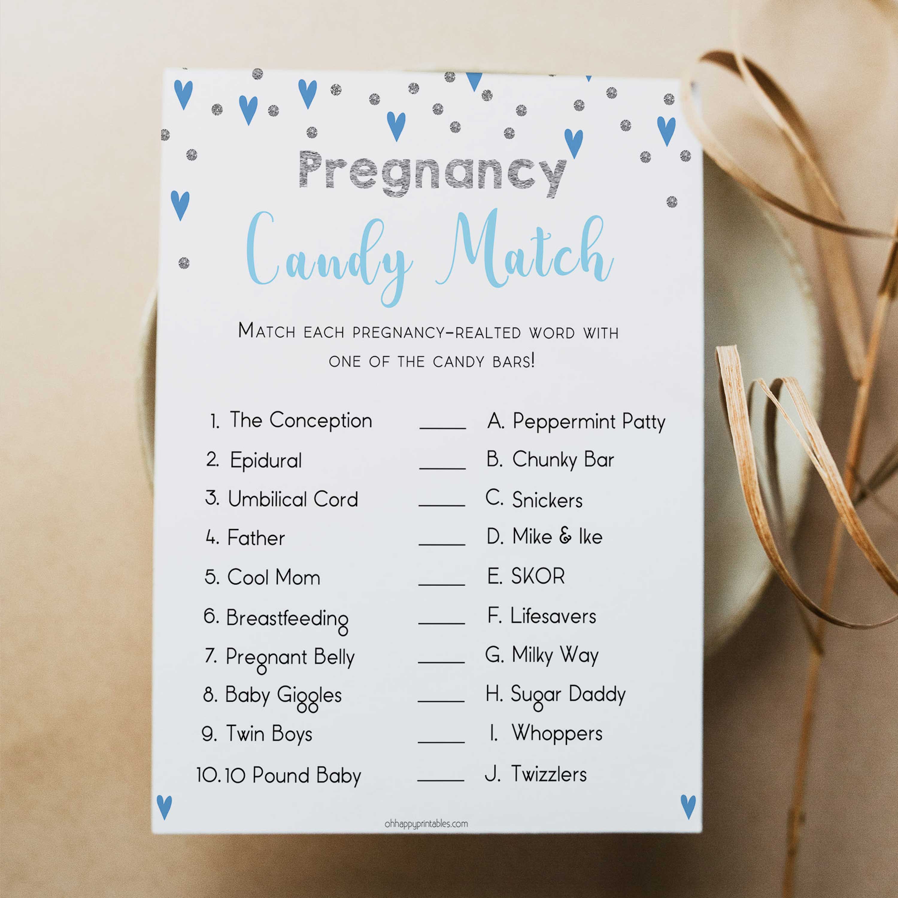 pregnancy candy match, Printable baby shower games, small blue hearts fun baby games, baby shower games, fun baby shower ideas, top baby shower ideas, silver baby shower, blue hearts baby shower ideas