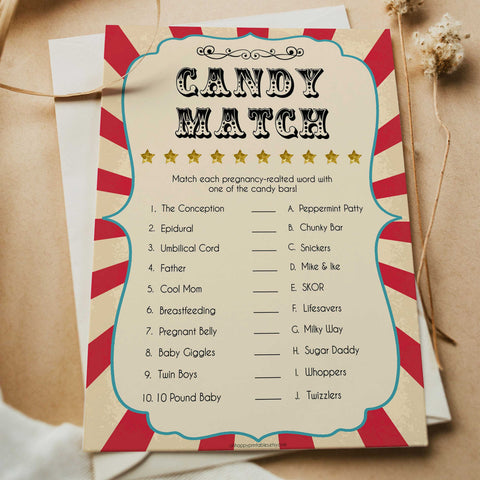 Circus pregnancy candy match baby shower games, circus baby games, carnival baby games, printable baby games, fun baby games, popular baby games, carnival baby shower, carnival theme