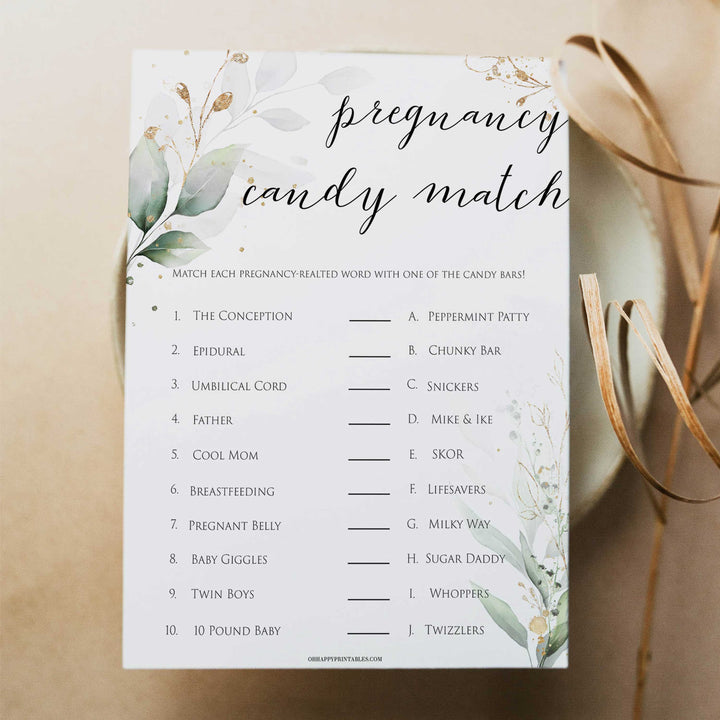 Gold green leaf baby games, pregnancy candy match, printable baby games, fun baby games, top baby games to play, gold leaf baby shower, greenery baby shower ideas