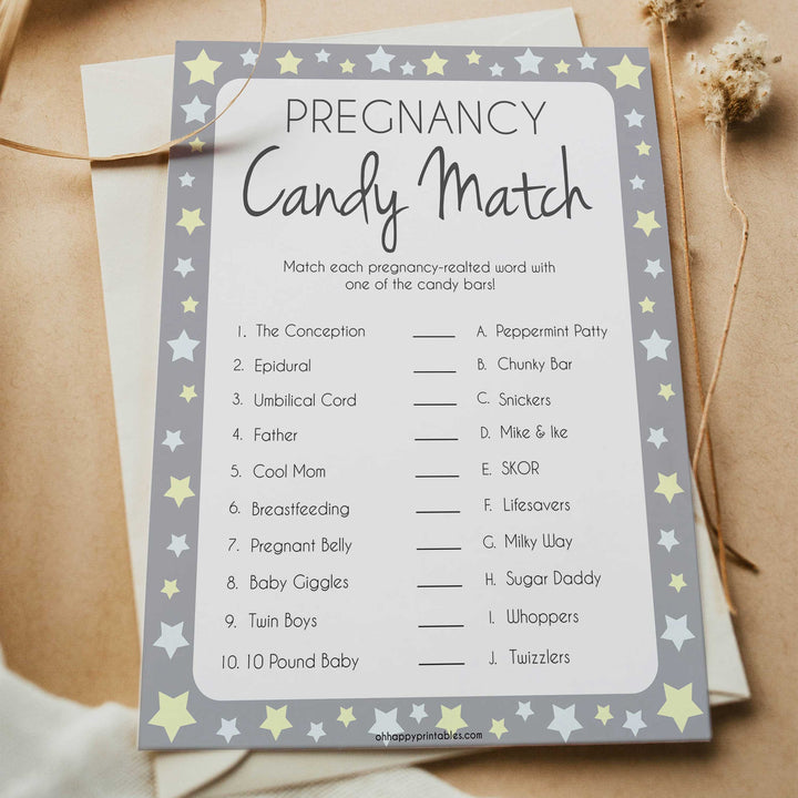 Grey Yellow Stars Pregnancy Candy Match Game, Baby Shower Games, Candy Match Baby Game, Stars Baby Shower Games, Pregnancy Candy Match, fun baby shower games, popular baby shower games