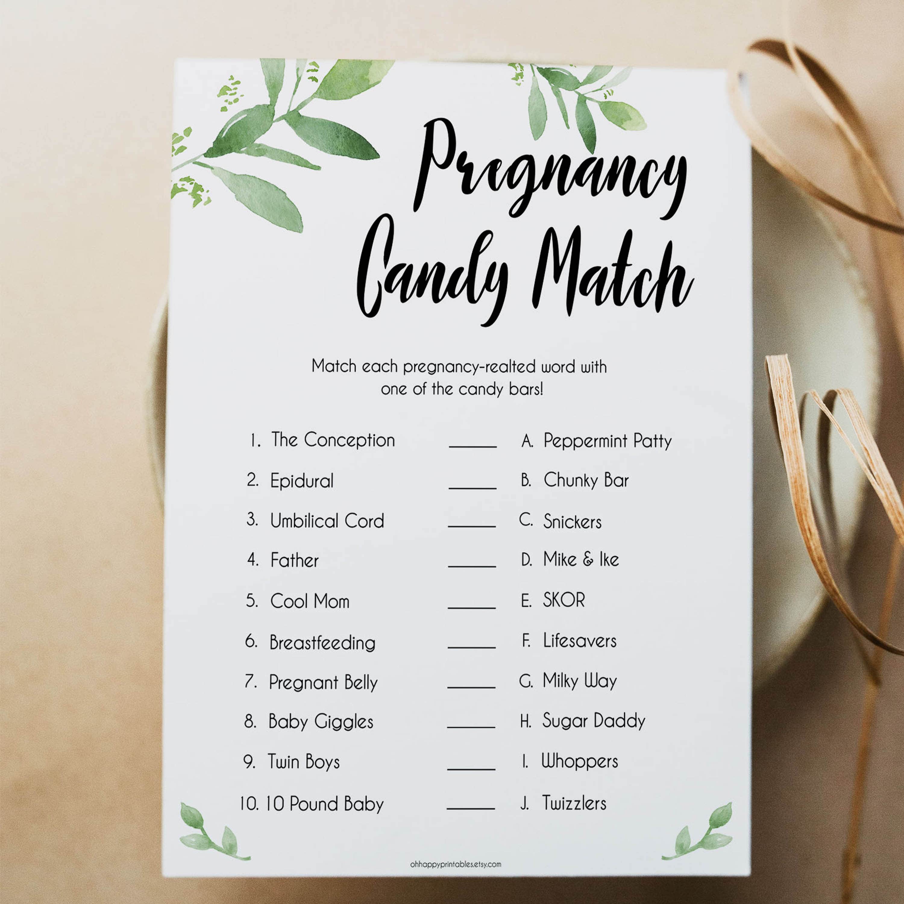 Botanical Pregnancy Candy Match Game, Baby Shower Games, Botanical Candy Match Baby Game, Green Baby Shower Games, Pregnancy Candy Match - baby shower games - baby shower ideas