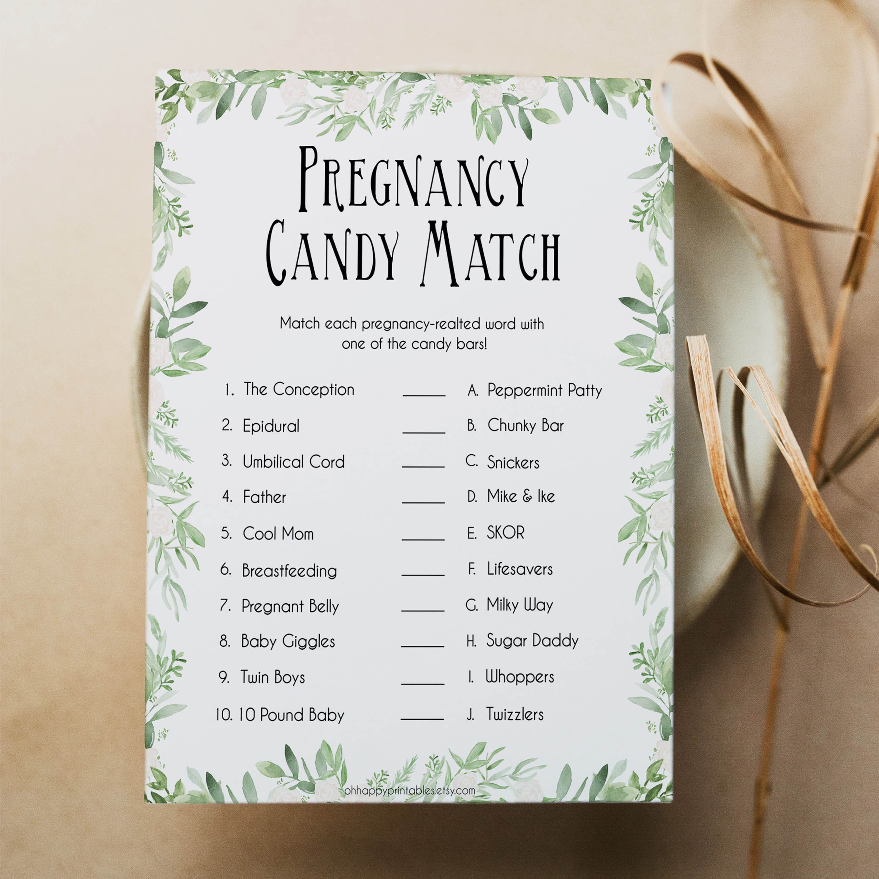 Pregnancy Candy Match Game, Greenery Baby Shower Games, Botanical Candy Match Baby Game, Fun Baby Shower Games, Pregnancy Candy Match, fun baby shower games, printable baby shower games