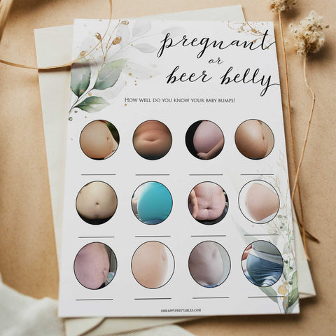 Gold green leaf baby games, pregnant or beer belly, printable baby games, fun baby games, top baby games to play, gold leaf baby shower, greenery baby shower ideas