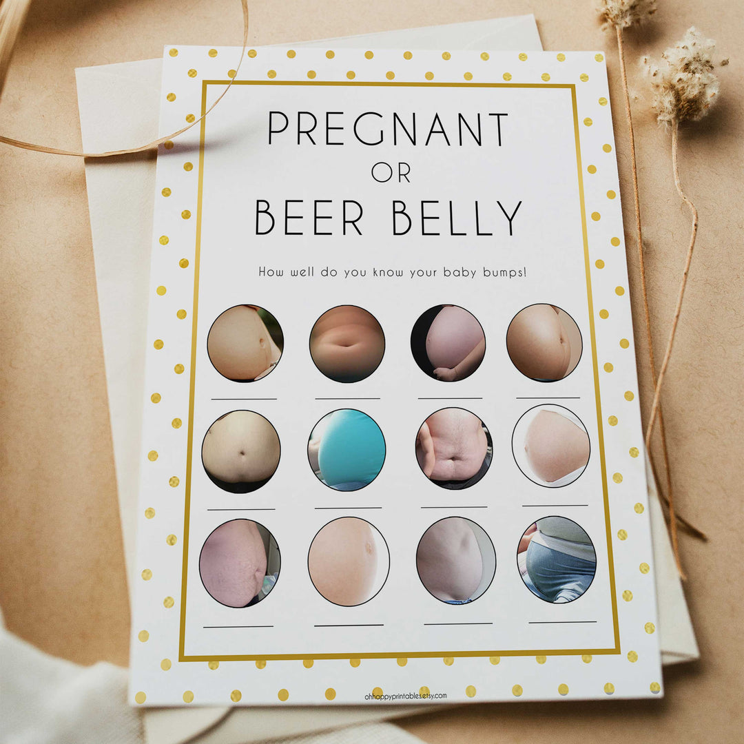 pregnant or beer belly, baby bump game, Printable baby shower games, baby gold dots fun baby games, baby shower games, fun baby shower ideas, top baby shower ideas, gold glitter shower baby shower, friends baby shower ideas