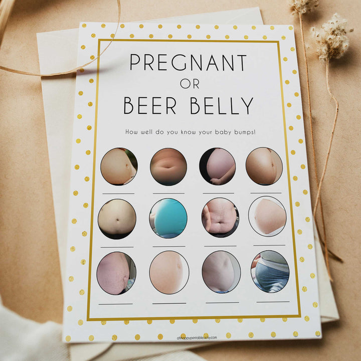 pregnant or beer belly, baby bump game, Printable baby shower games, baby gold dots fun baby games, baby shower games, fun baby shower ideas, top baby shower ideas, gold glitter shower baby shower, friends baby shower ideas