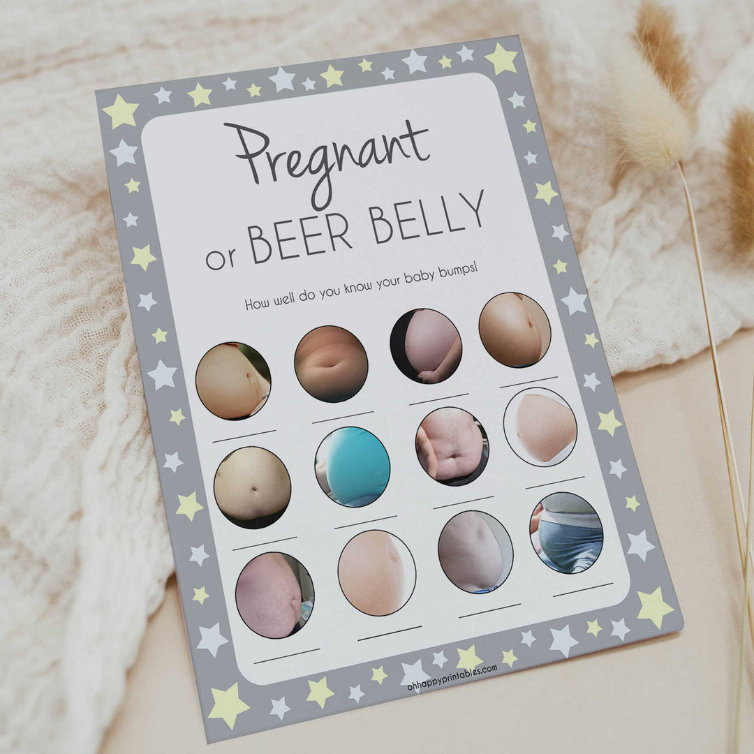 Grey Stars Pregnant or Beer Belly, Baby Bump or Beer Belly, Baby Bump Beer Belly, Printable Baby Shower Games, Pink, Printable, Pregnant , fun baby shower games, popular baby shower games
