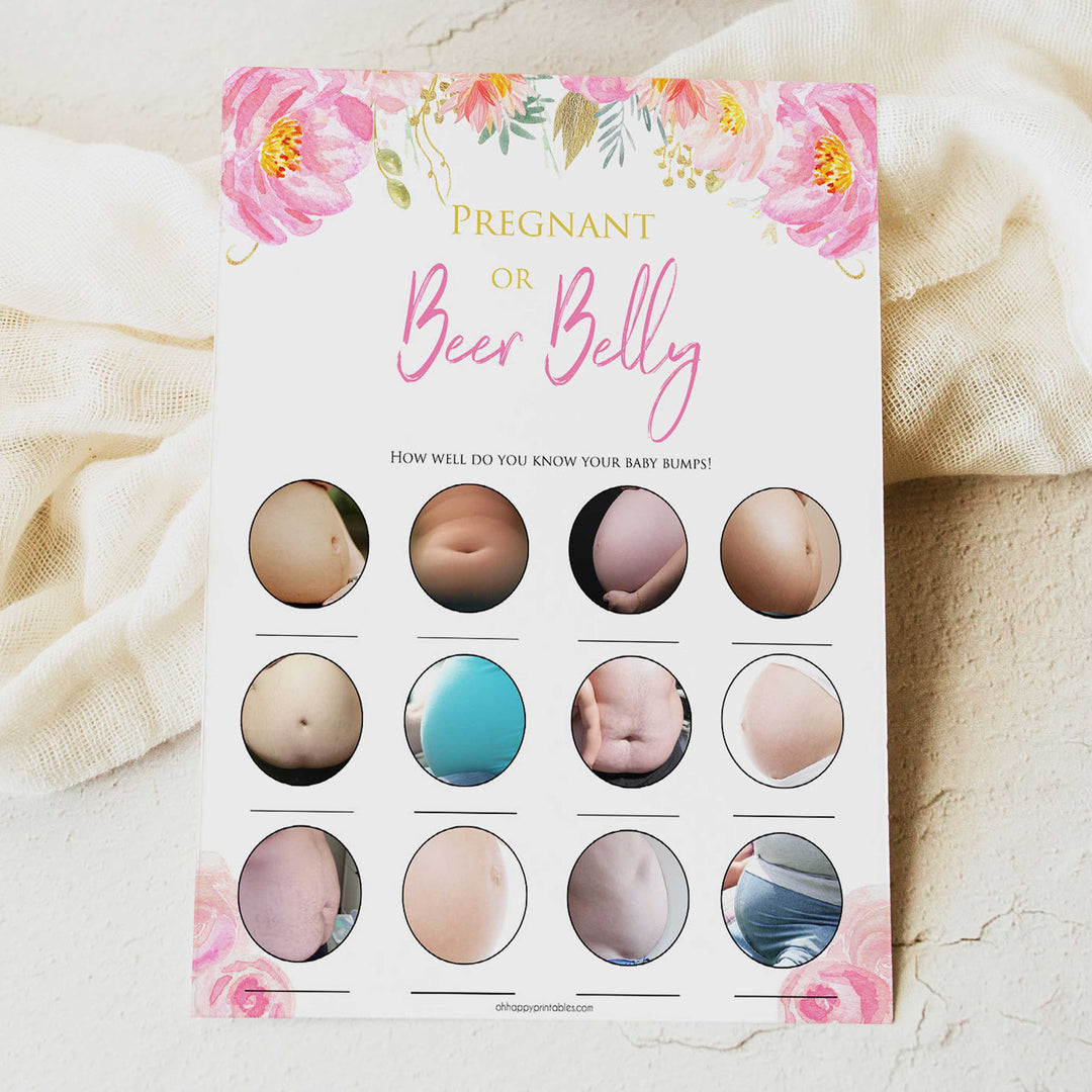 Pink blush floral baby shower pregnant or beer belly game, printable baby games, baby shower games, blush baby shower, floral baby games, girl baby shower ideas, pink baby shower ideas, floral baby games, popular baby games, fun baby games