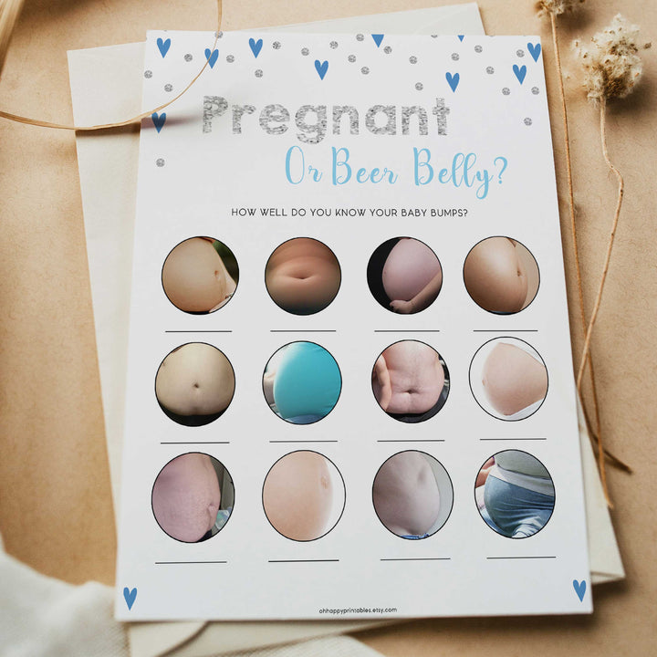 pregnant or beer belly game, pregnant belly, Printable baby shower games, small blue hearts fun baby games, baby shower games, fun baby shower ideas, top baby shower ideas, silver baby shower, blue hearts baby shower ideas