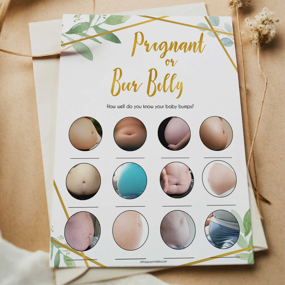 gold geometric pregnant or beer belly baby shower games, printable baby shower games, fun baby games, popular baby games, gold baby games