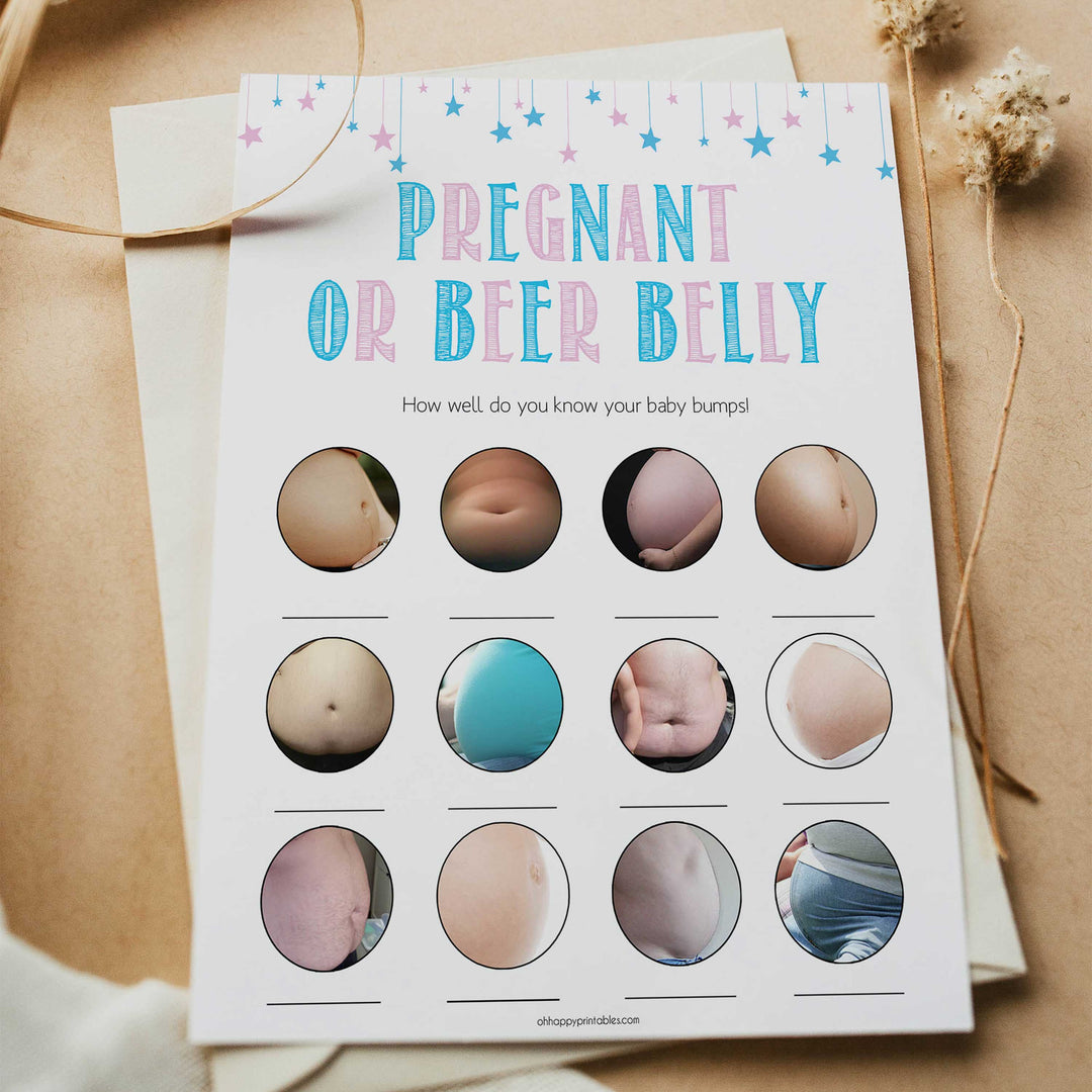 Gender reveal baby games, pregnant or beer belly baby game, gender reveal shower, fun baby games, gender reveal ideas, popular baby games, best baby games, printable baby games, gender reveal baby games