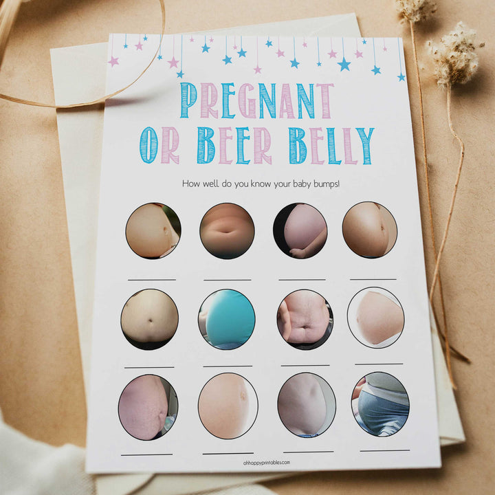 Gender reveal baby games, pregnant or beer belly baby game, gender reveal shower, fun baby games, gender reveal ideas, popular baby games, best baby games, printable baby games, gender reveal baby games
