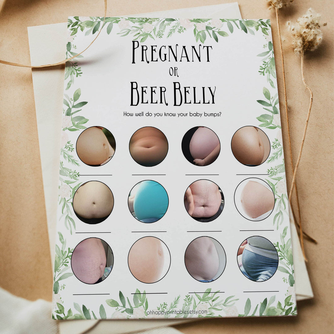 Pregnant or Beer Belly Game, Baby Shower Game, Baby Bump or Beer Belly, Pregnant or Beer Belly Game, Greenery, Funny Baby Shower Games, fun baby games, popular baby games, printable baby games