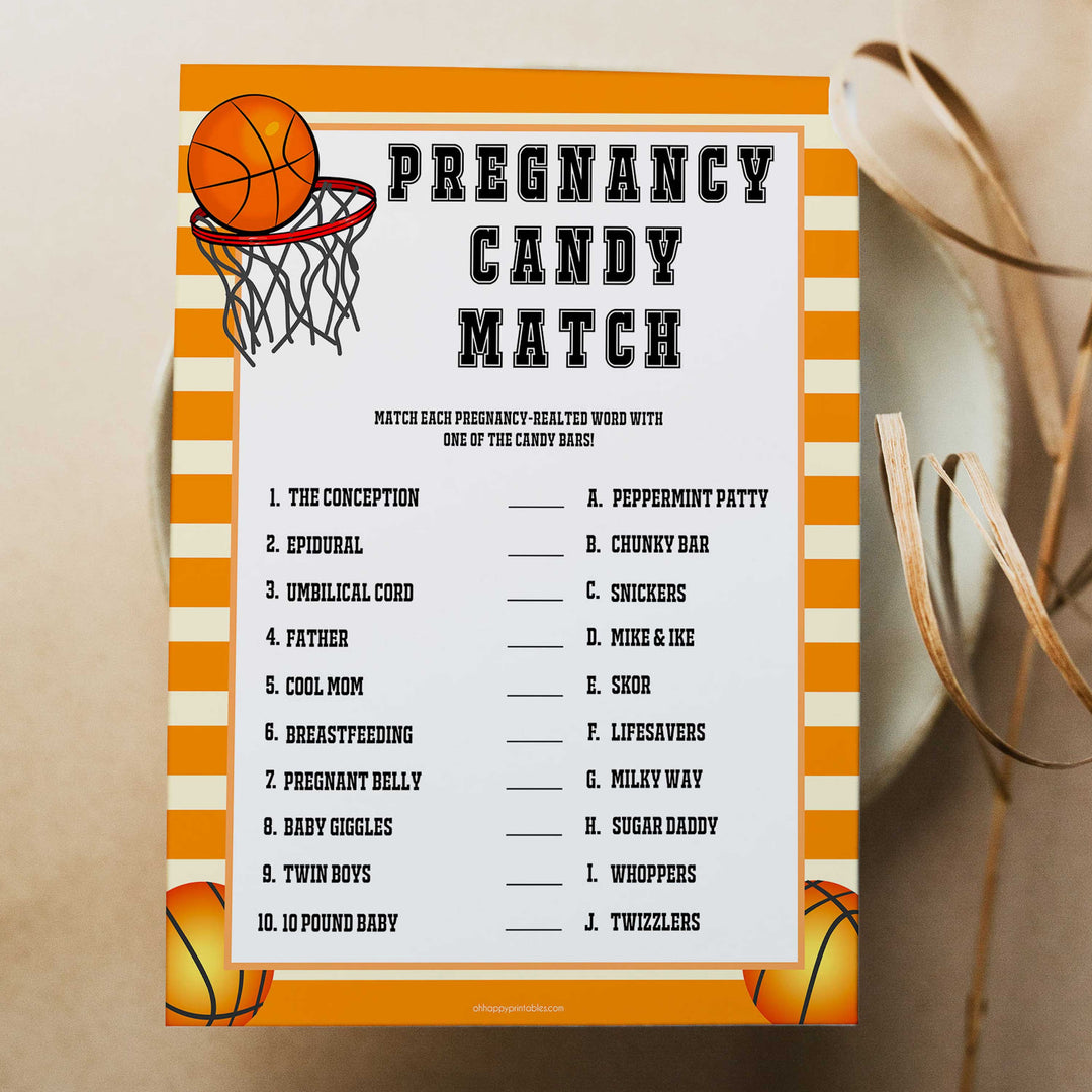 Basketball baby shower games, pregnancy candy match baby game, printable baby games, basket baby games, baby shower games, basketball baby shower idea, fun baby games, popular baby games
