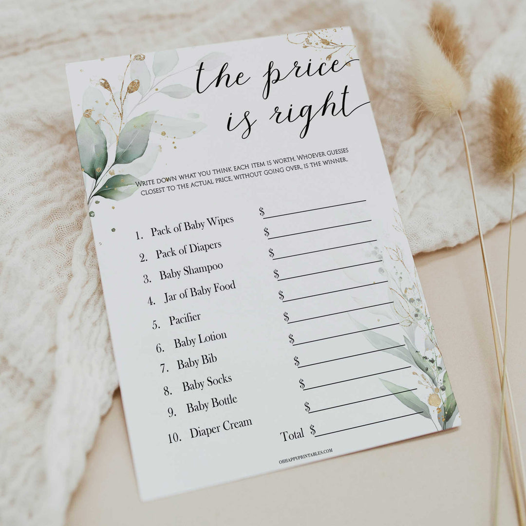 Gold green leaf baby games, the price is right baby games, printable baby games, fun baby games, top baby games to play, gold leaf baby shower, greenery baby shower ideas