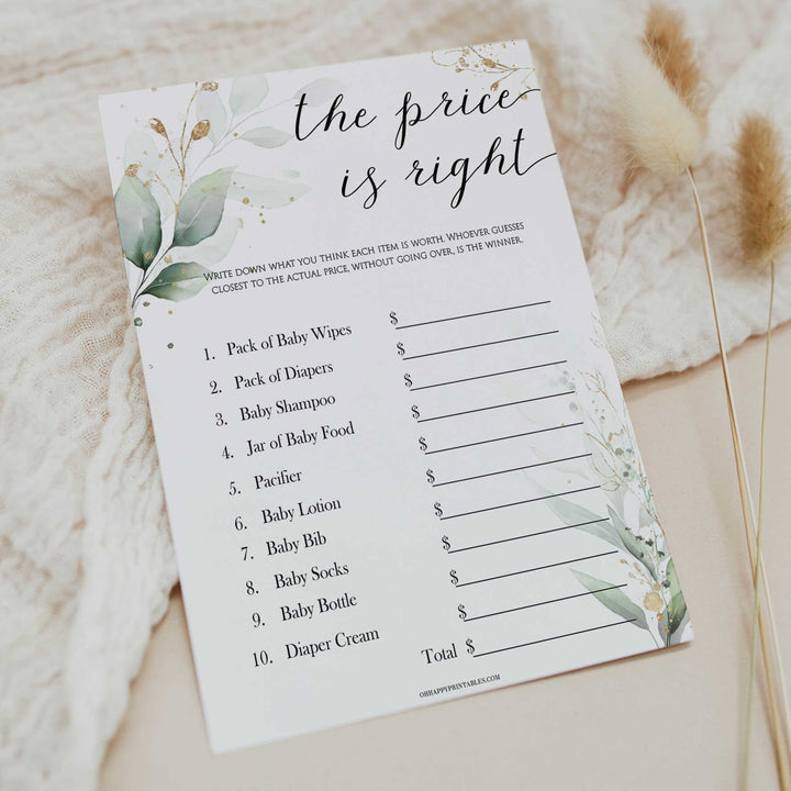 Gold green leaf baby games, the price is right baby games, printable baby games, fun baby games, top baby games to play, gold leaf baby shower, greenery baby shower ideas