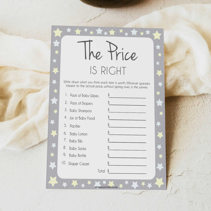 Grey Yellow Stars Price Is Right Baby Shower Game, Grey Stars Guess The Price Games, Printable Baby Shower Games, Price Is Right Game, fun baby shower games, popular baby shower games