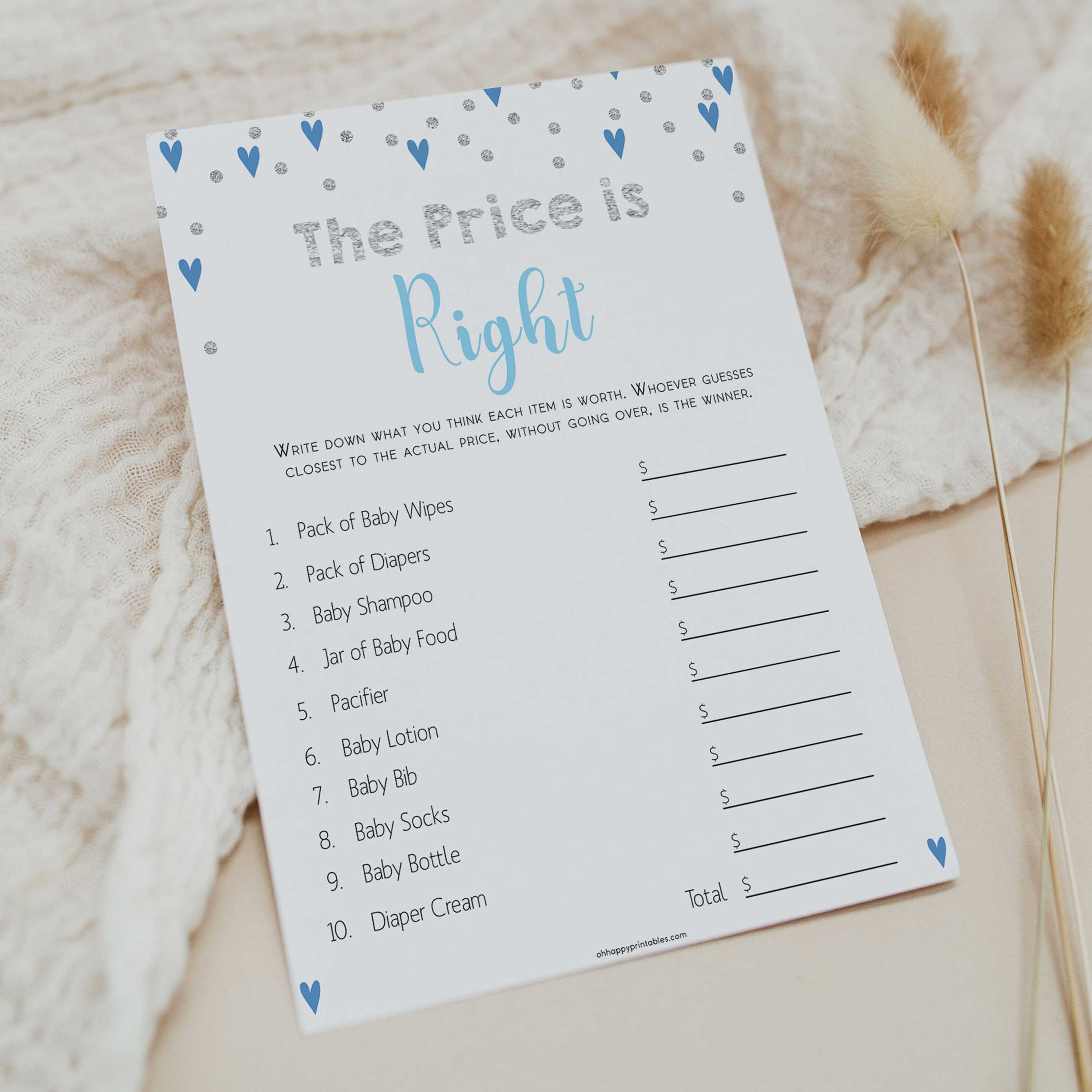 baby price is right game, guess the baby product prices, Printable baby shower games, small blue hearts fun baby games, baby shower games, fun baby shower ideas, top baby shower ideas, silver baby shower, blue hearts baby shower ideas